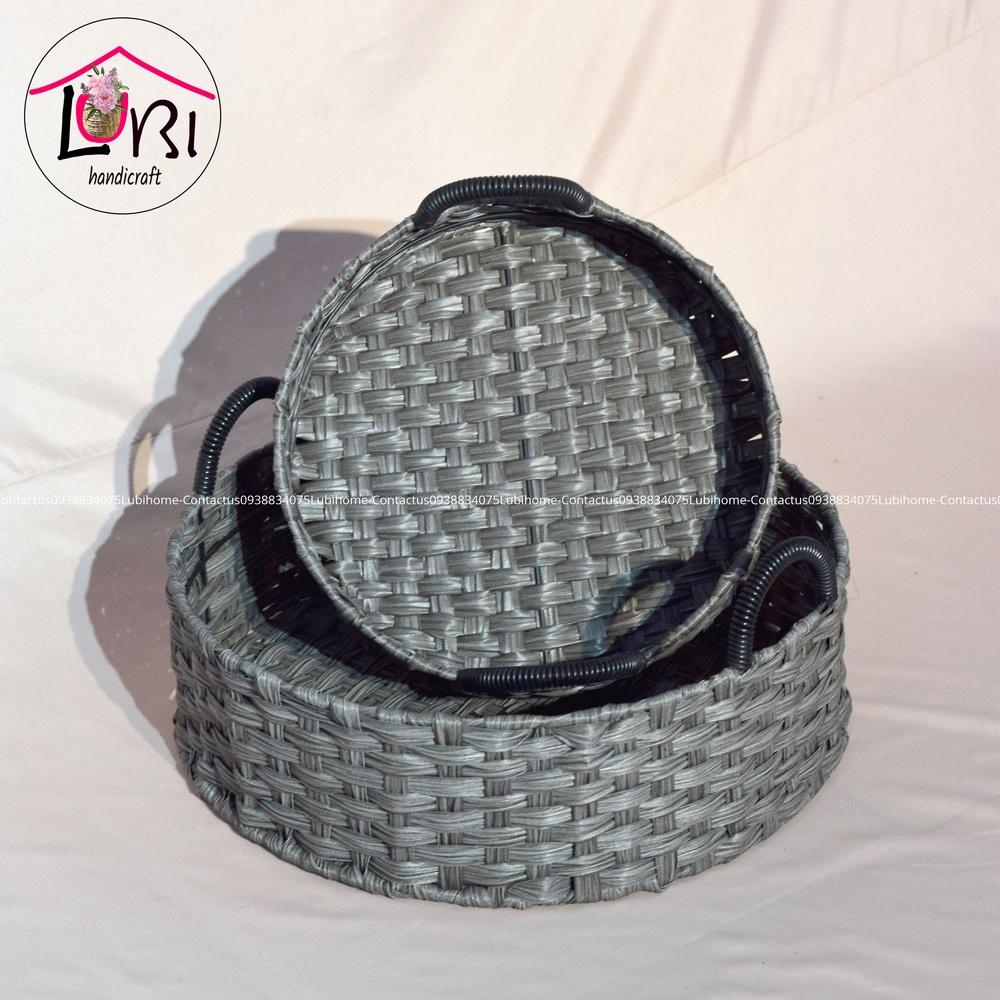 Lubihandicraft - Khay tròn đựng đồ đan dây nhựa quai cầm đen - xinh xắn
