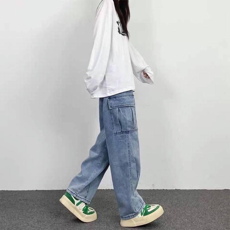 Quần baggy Jean ống suông form nam nữ unisex TÚI HỘP màu XANH Nam nữ unisex Quần baggy ống rộng