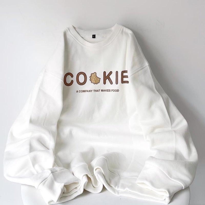 Áo Sweater Nỉ Ngoại Cookie tay phồng dày dặn Áo Swt Trắng In Hình Dễ Thương Tay Phồng Dài