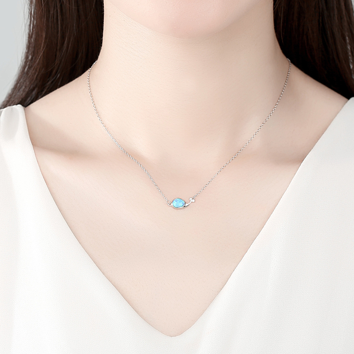 Dây Chuyền Nữ, Dây Chuyền Bạc Nữ Hình Chú Cá Voi Đính Đá Opal Xanh ( Đá Mắt Mèo ), Dây Chuyền Bạc Nữ Đính Đá Thời Trang, Vòng Cổ Bạc Nữ Đính Đá Hình Chú Cá Voi - DB2708 - Bảo Ngọc Jewelry