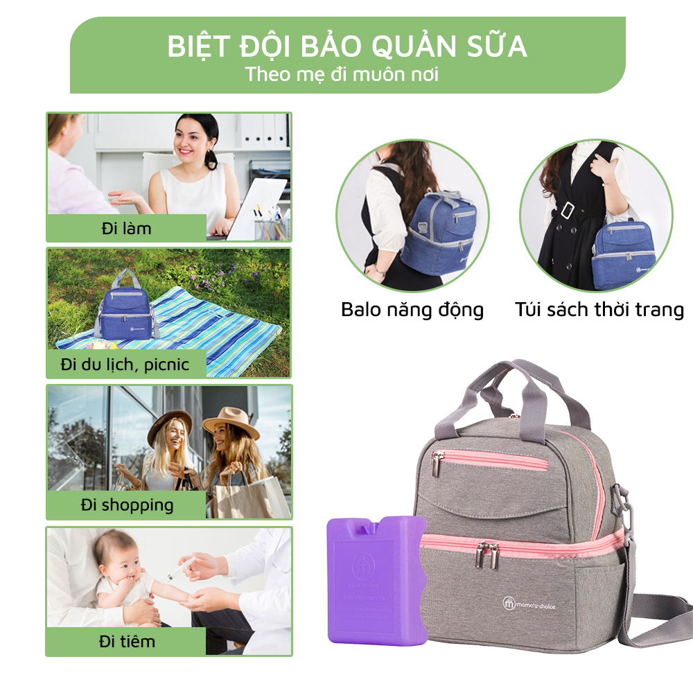 Balo Bỉm Sữa Giữ Nhiệt Mama’s Choice Đa Năng, Giữ Nhiệt Bình Sữa, Đựng Đồ Cho Mẹ Bé, Thiết Kế 2 Tầng, Chất Liệu Cao Cấp - Balo + 01 Đá Khô