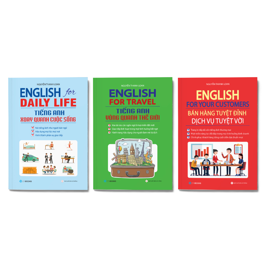 Combo 3 cuốn Tự học tiếng anh giao tiếp: English For Your Customers - Bán Hàng Tuyệt Đỉnh Dịch Vụ Tuyệt Vời  + English For Daily Life - Tiếng Anh Xoay Quanh Cuộc Sống + English For Travel - Tiếng Anh Vòng Quanh Thế Giới