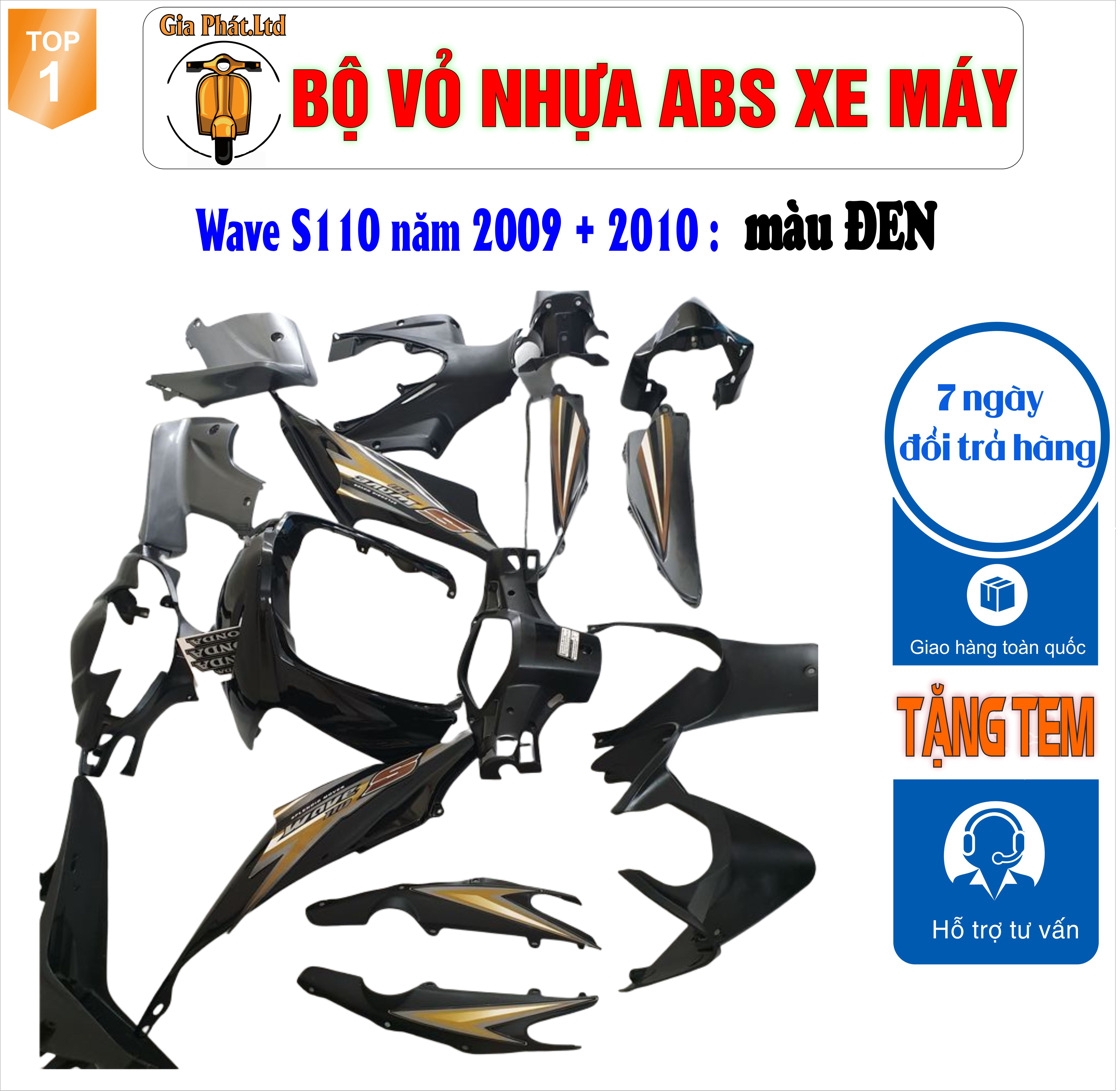 [Tặng Tem] Bộ dàn áo xe WAVE S110 - RS110 màu ĐEN , nhựa ABS nguyên sinh-TKB-544-8030