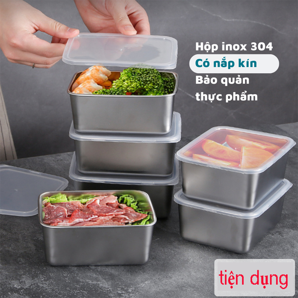 Set 5 hộp inox chống rỉ 304 kèm nắp nhựa bảo quản thực phẩm tủ lạnh đa năng tiện lợi