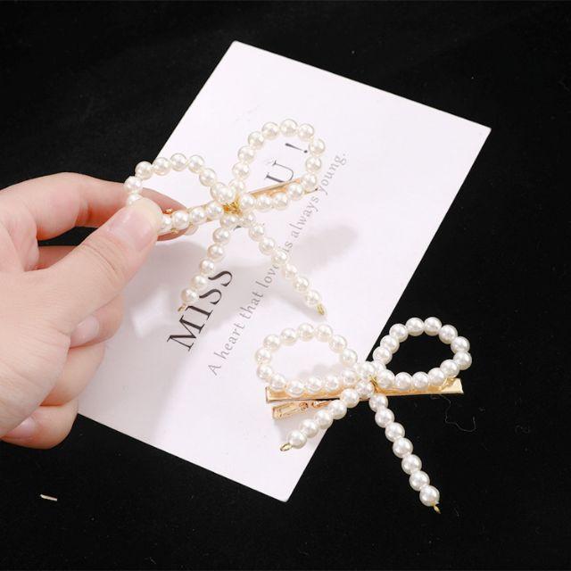 PVN8068 Kẹp tóc hình nơ trái tim hạt ngọc phong cách Hàn Quốc T2