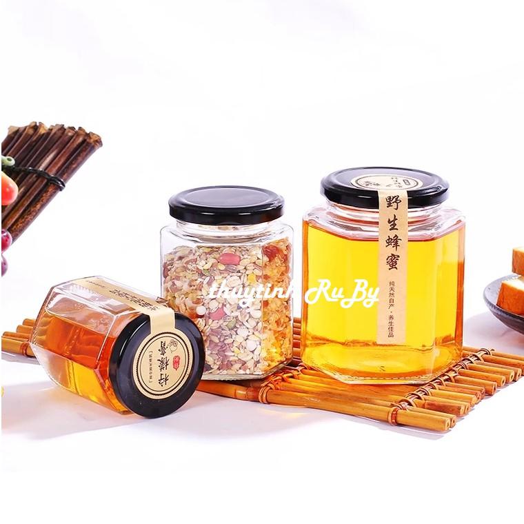 Hũ Lọ Thủy Tinh Lục giác 280ml đựng thực phẩm, Hủ đựng mật ong, Lọ gia vị lục lăng, Lọ thủy tinh đựng bột nghệ