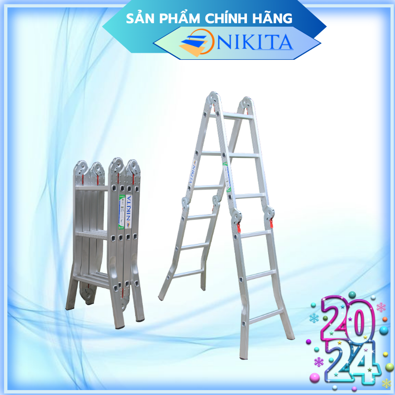 Thang nhôm gấp bốn khúc, Khóa thang tự động, an toàn, tiện dụng, đa năng - Hàng chính hãng NIKITA