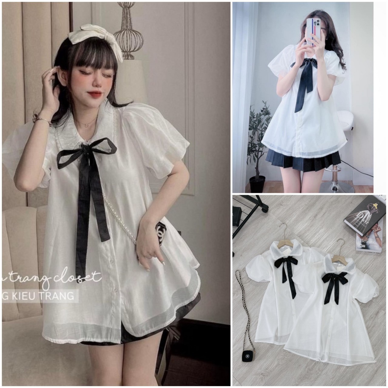 áo sơ mi nữ kiểu babydoll ren tơ phối nơ cổ form rộng dáng xòe xinh xắn