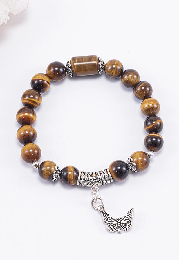 Vòng Tay Phong Thủy Nữ Đá Mắt Hổ Vàng Nâu Phối Charm Bướm Bạc Mệnh Thổ, Kim Ngọc Quý Gemstones