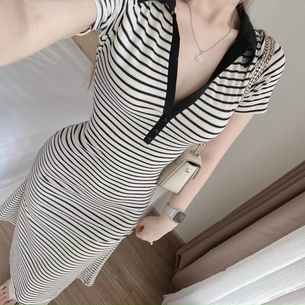 Váy đầm nữ body cổ sơ mi kẻ sọc chất thun gân co giãn mềm mại kiểu dáng sang chảnh quyến rũ
