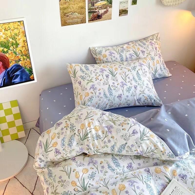 Set Cotton Living Hàn Quốc Hàng Nhập Khẩu Cao Cấp 4 Món Hoa Tím Vintage