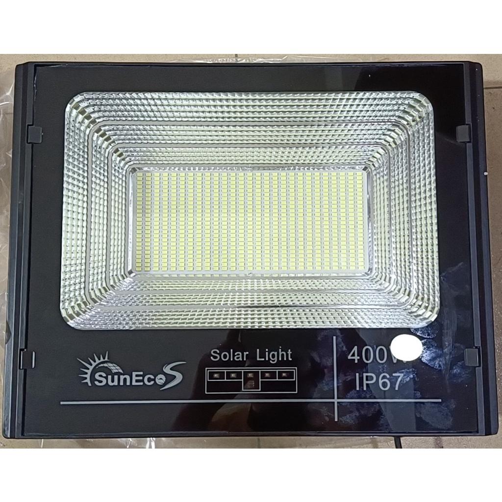 Đèn năng lượng mặt trời 400W Suneco, đèn pha led năng lượng mặt trời có báo dung lượng pin, chống nước IP67, BH 2 năm