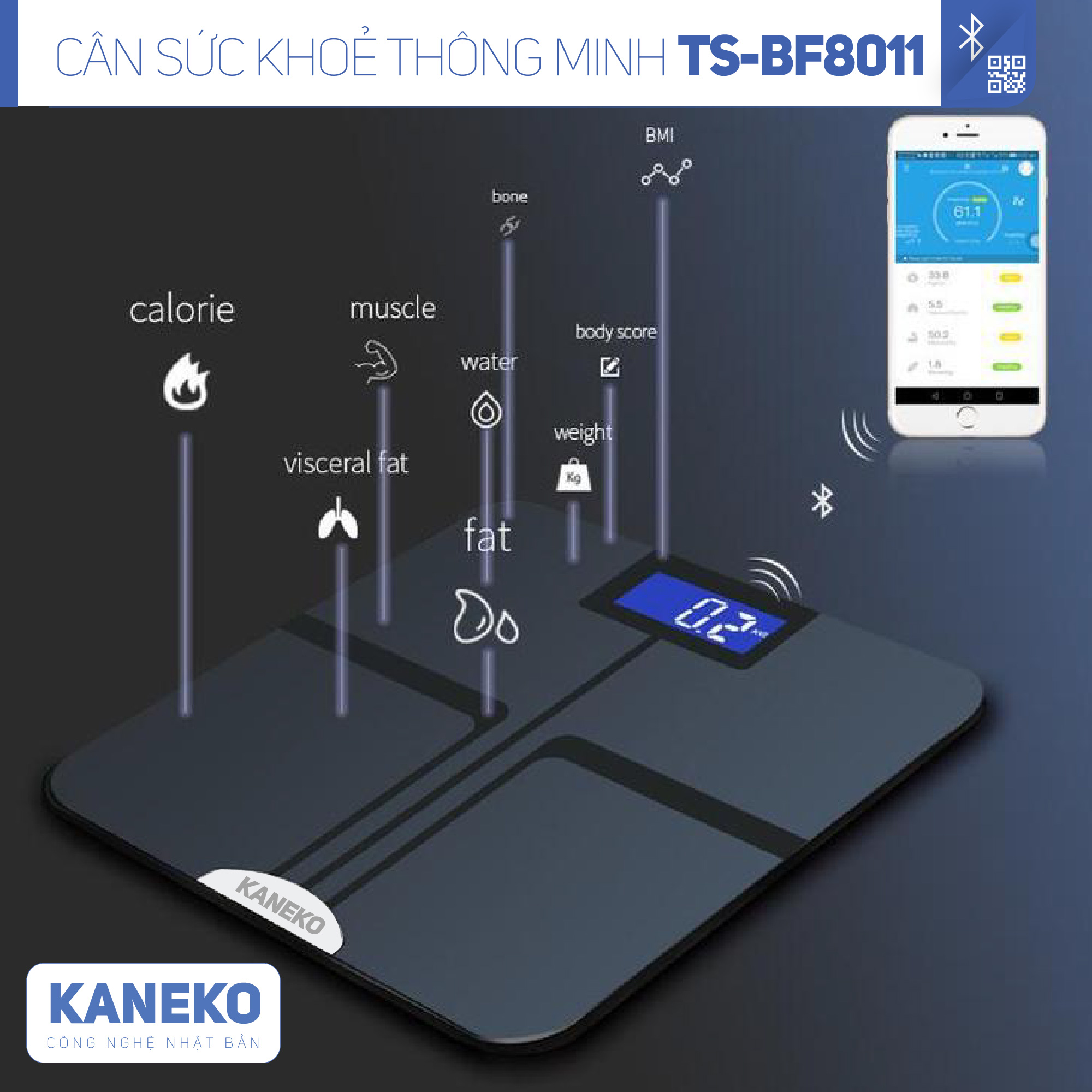 Cân sức khoẻ thông minh điện tử KANEKO TSBF8011,cân phân tích sức khoẻ điện tử,cân sức khoẻ dành cho gia đình,cân điện tử thông minh kết nối bluetooth,cân đo 12 chỉ số cơ thể