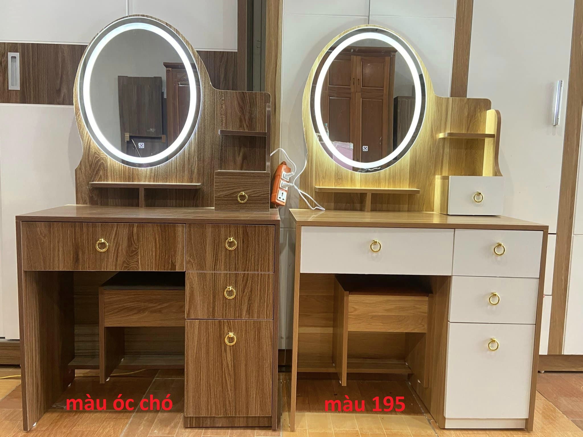 Bàn trang điểm gương có đèn Led cảm ứng, gương bầu dục, gỗ MDF phủ melamine