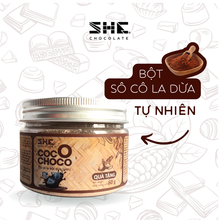 Socola bột Dừa - SHE Chocolate – Hũ pet 60g/ Hũ thủy tinh 170g/ Túi 500g. Hương vị đa dạng, bổ sung năng lượng. Bổ sung năng lượng, đa dạng vị giác, pha uống tiện lợi. Quà tặng sức khỏe, quà tặng người thân, dịp lễ