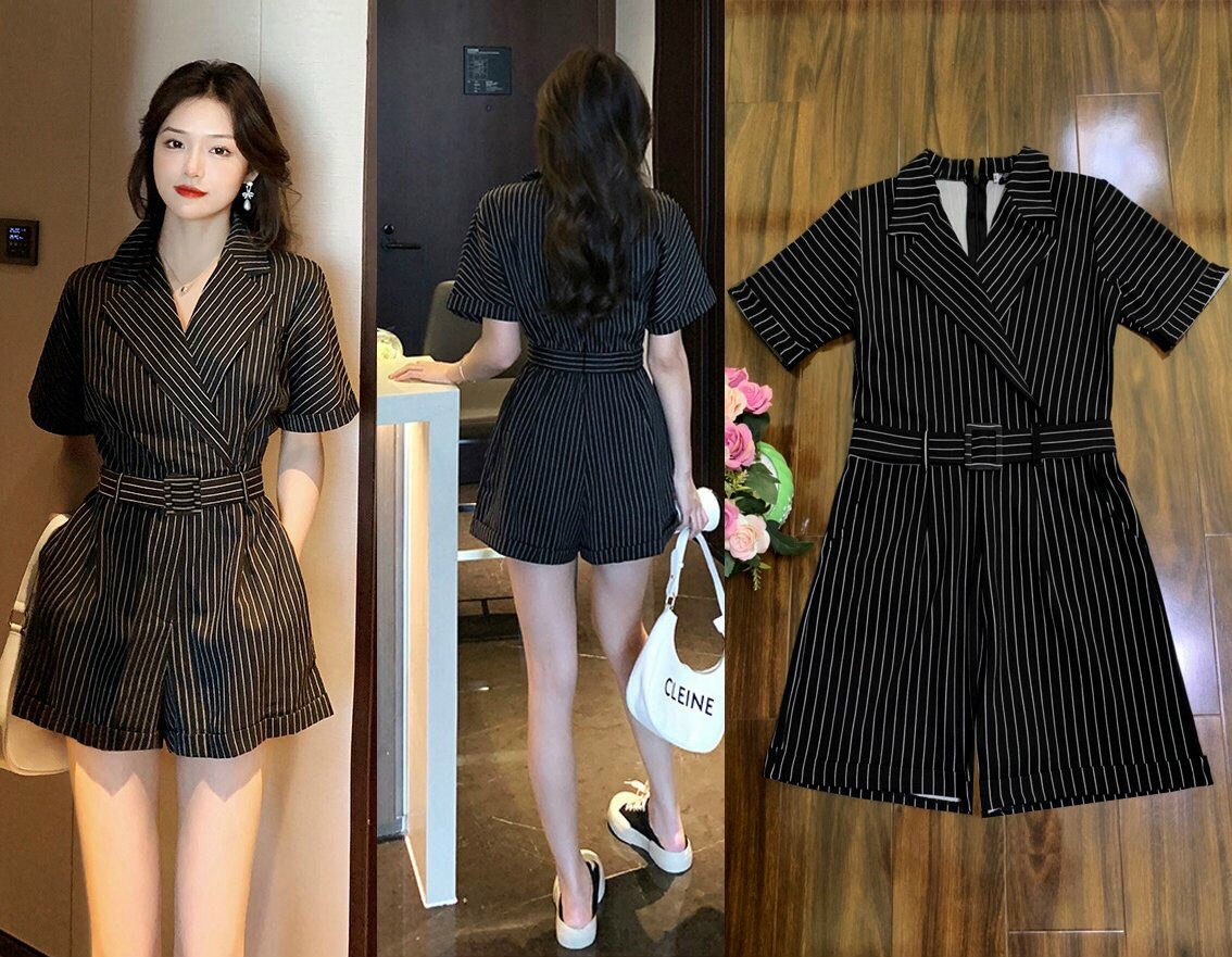 Jum short kẽ sọc cổ vest kèm belt liền dây kéo lưng xinh xắn