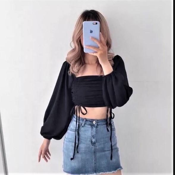 ÁO NỮ CROPTOP LỤA RÚT DÂY TRƯỚC NGỰC TAY DÀI