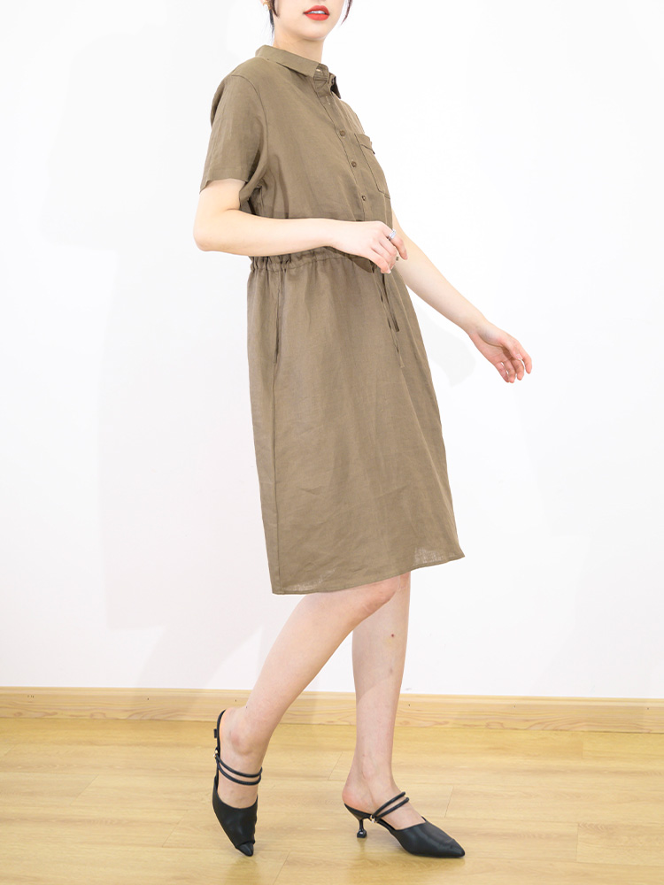Đầm Linen Suông Tay Hến Rút Eo, Váy Sơ Mi Nữ Có Túi Hông Màu Nâu Vintage ARCTIC HUNTER