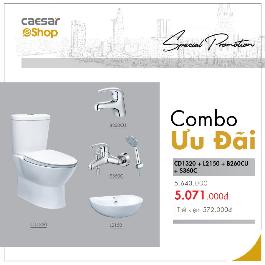 Combo sản phẩm bàn cầu+lavabo+vòi lavabo+sen tắm - CD1320+L2150+B260CU+S360C