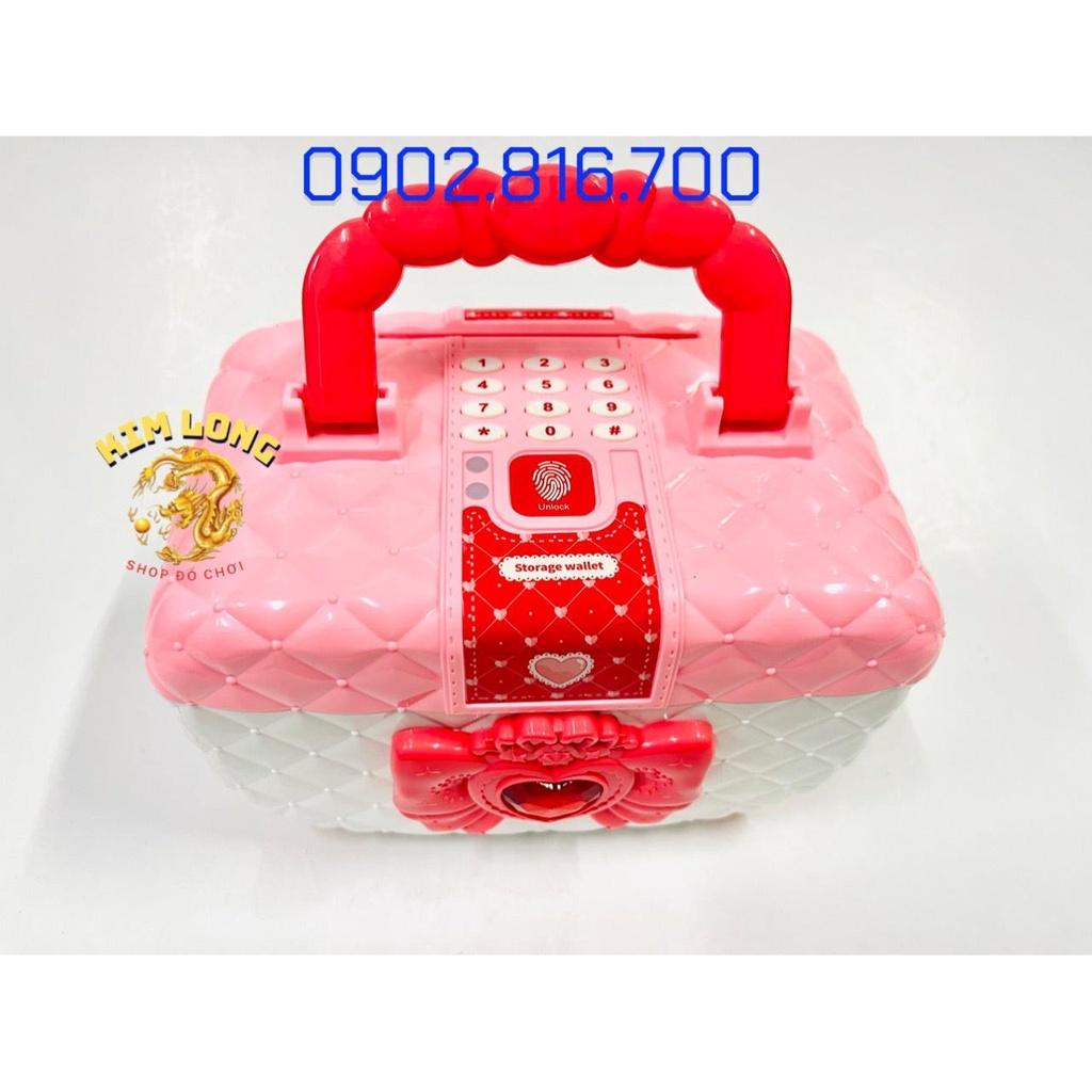 Đồ chơi két sắt vân tay mini thông minh tiết kiệm tiền hình cốp vali trang điểm màu hồng quà tặng cho bé gái