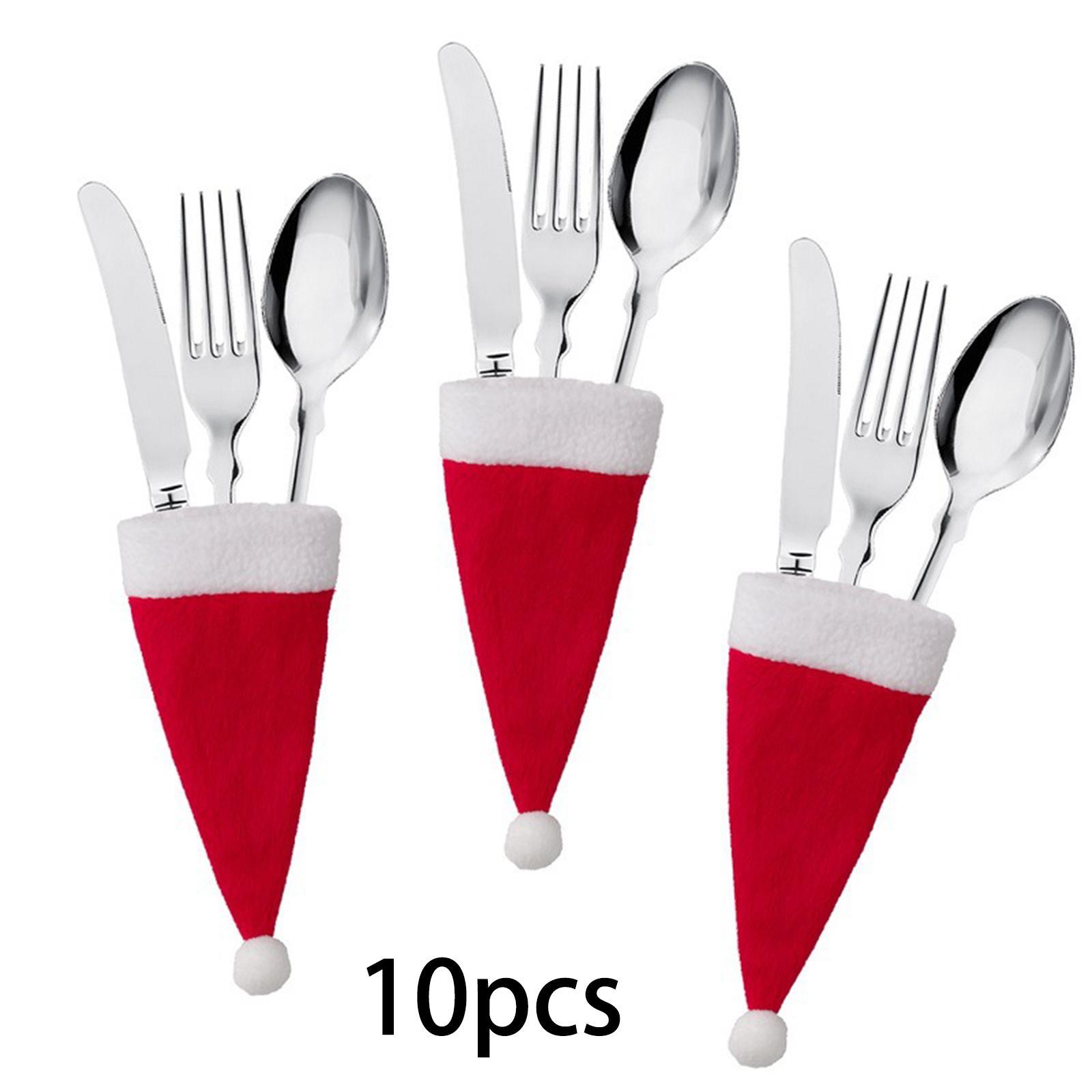 10Pcs Christmas Hat Christmas Presents Home Decoration Accessories Ornaments Pockets Tableware Holder Bag Cutlery Holder Silverware Holders