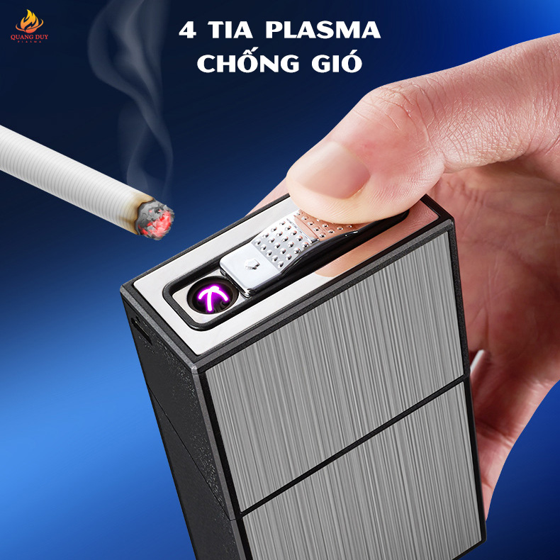 Hộp đựng thuốc kiêm bật lửa điện plasma 4 tia, vừa đựng thuốc vừa đánh lửa tiện lợi