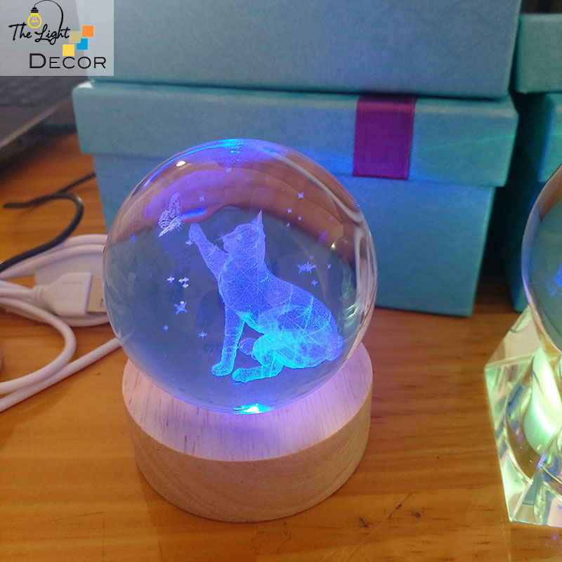 Bộ Quà Tặng Quả Cầu Pha Lê 3D larser LED Mèo 6cm