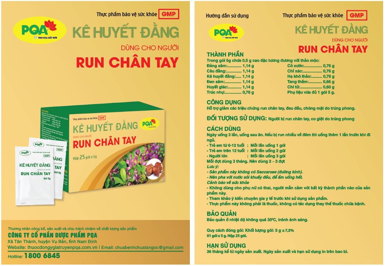 PQA Kê Huyết Đằng là dược phẩm thảo dược hỗ trợ các triệu chứng run chân tay, đau đầu, chóng mặt cho người bị run chân tay, co giật do trúng phong.