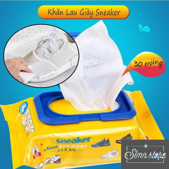 Khăn giấy lau giày, giấy lau giầy Sneaker 30 tờ, Dung dịch chuyên lau giày thấm sẵn trong khăn tiện dụng. Slmn_KGLaugiay