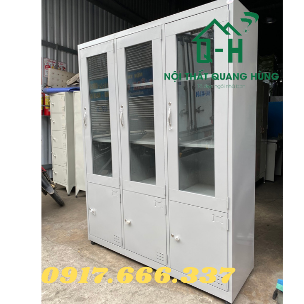 TỦ HỒ SƠ 3 CÁNH CỬA KÍNH SƠN TĨNH ĐIỆN 1M8X1M2X45CM MÀU XÁM GHI DÀNH CHO VĂN PHÒNG