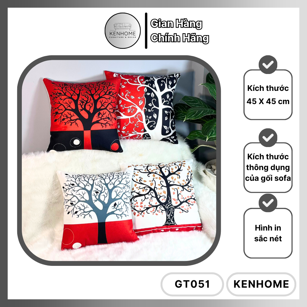 Gối Sofa Họa Tiết Cây Phát Tài - Gối Tựa Lưng Sofa Đỏ Đen Decor Phòng Khách, Khách Sạn - Vải Bố Cao Cấp - Kích Thước 45x45cm