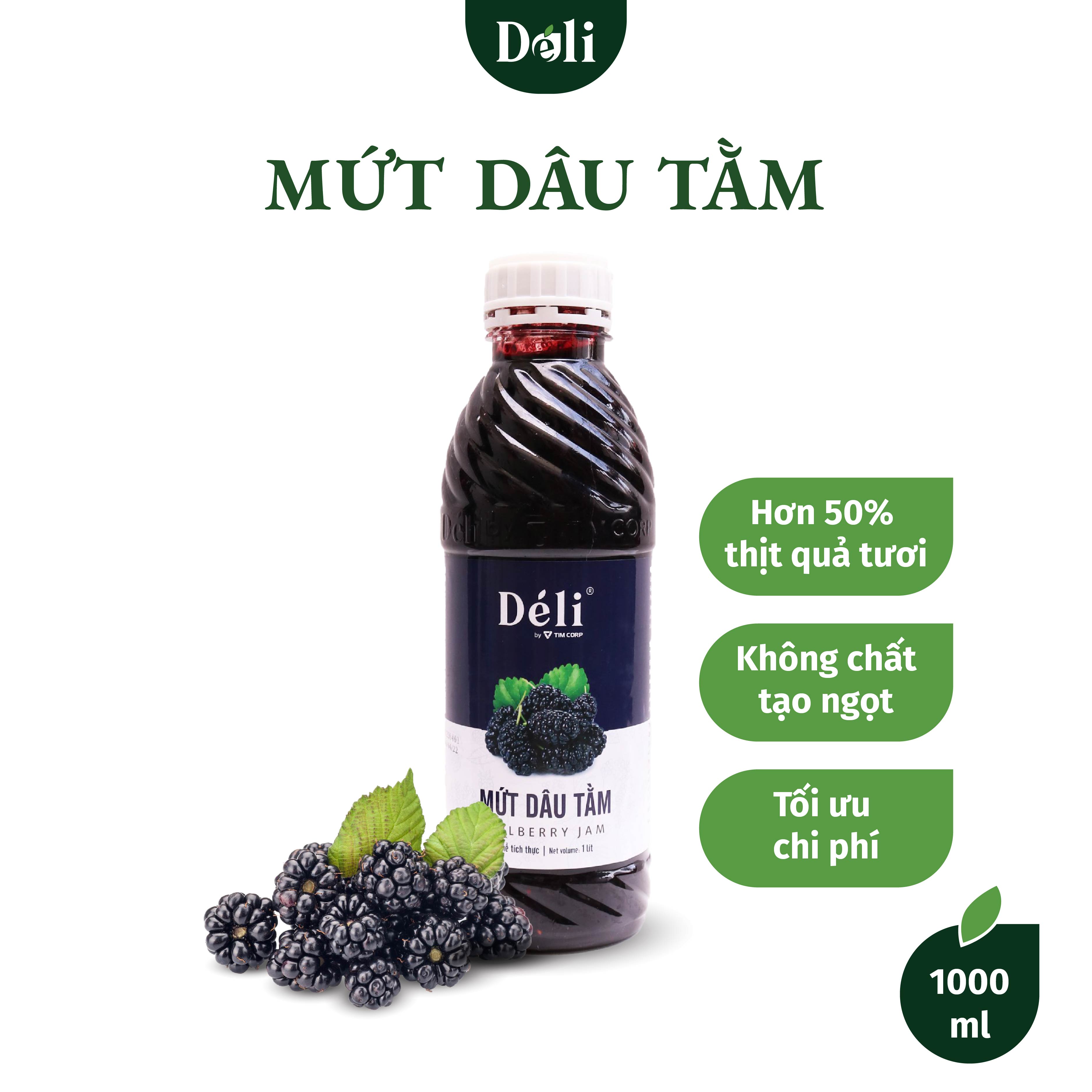 Mứt Dâu Tằm Déli chai 1L HSD:18 tháng, nguyên liệu pha chế trà trái cây, soda,..