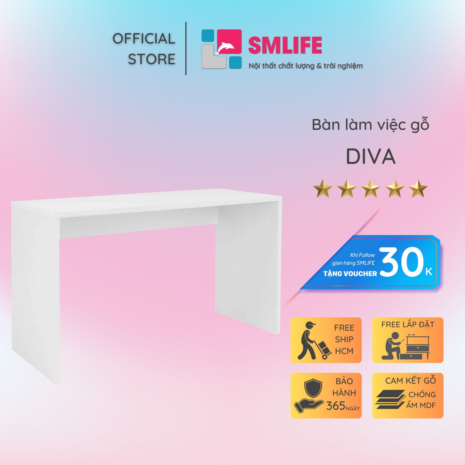 Bàn làm việc, bàn học gỗ hiện đại SMLIFE Diva | Gỗ MDF dày 17mm chống ẩm | D120xR60xC75cm