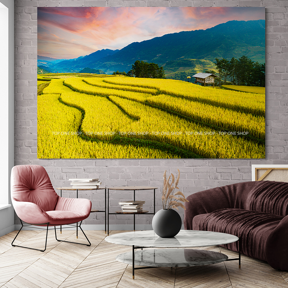 Tranh Treo Tường Canvas Trang Trí Decor Nghệ Thuật - Phong Cảnh Ruộng Bậc Thang Việt Nam Mùa Lúa Chín Vàng - Công Nghệ In UV Nhật Bản - Màu Sắc Đẹp Rõ Nét