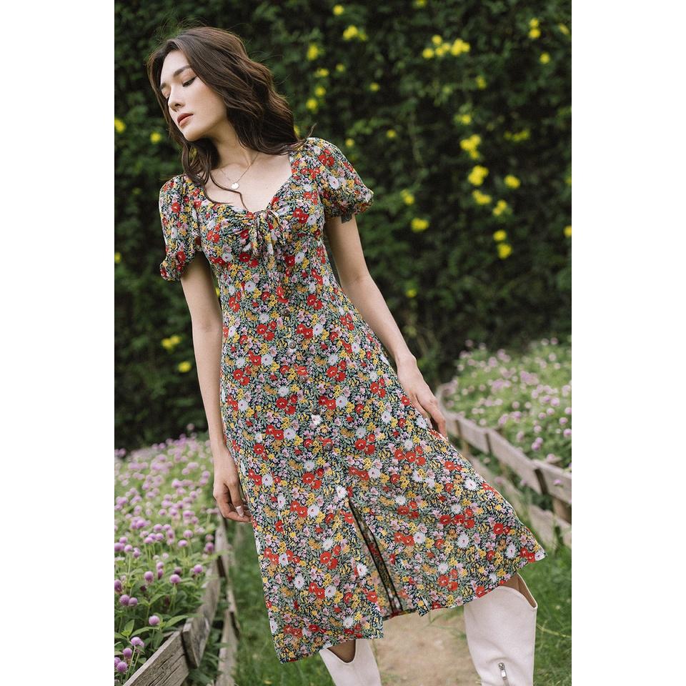 Đầm hoa nền đen buộc nơ ngực Maya dress