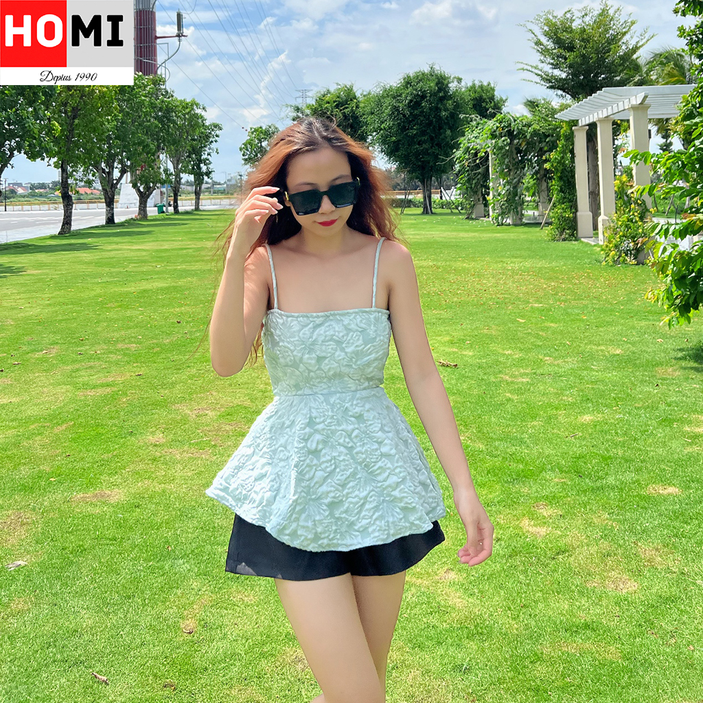 Áo hai dây gấm cột nơ Homi Fashion màu xanh