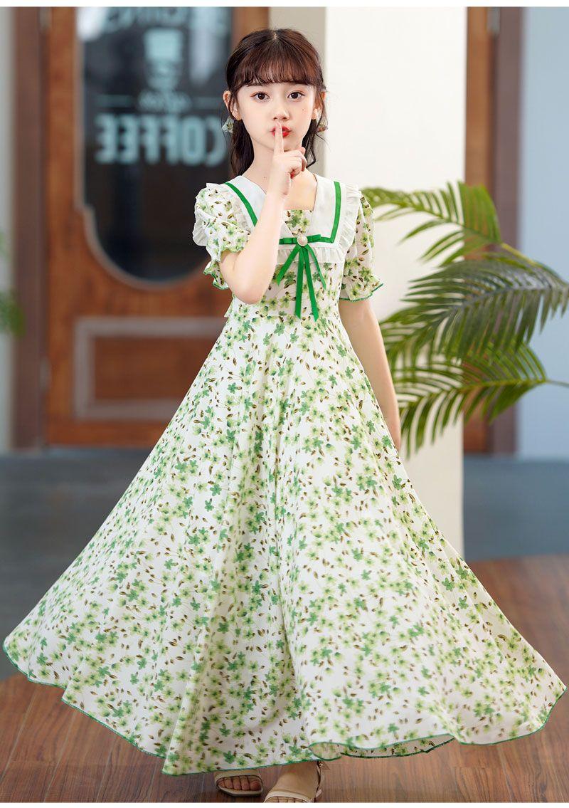 SHUANGYAN Cô gái lớn bé mùa hè váy bong bóng tay áo đầm cô gái nhỏ mùa hè phong cách phương Tây váy sinh viên ngọt ngào trên đầu gối hoa đầm dài