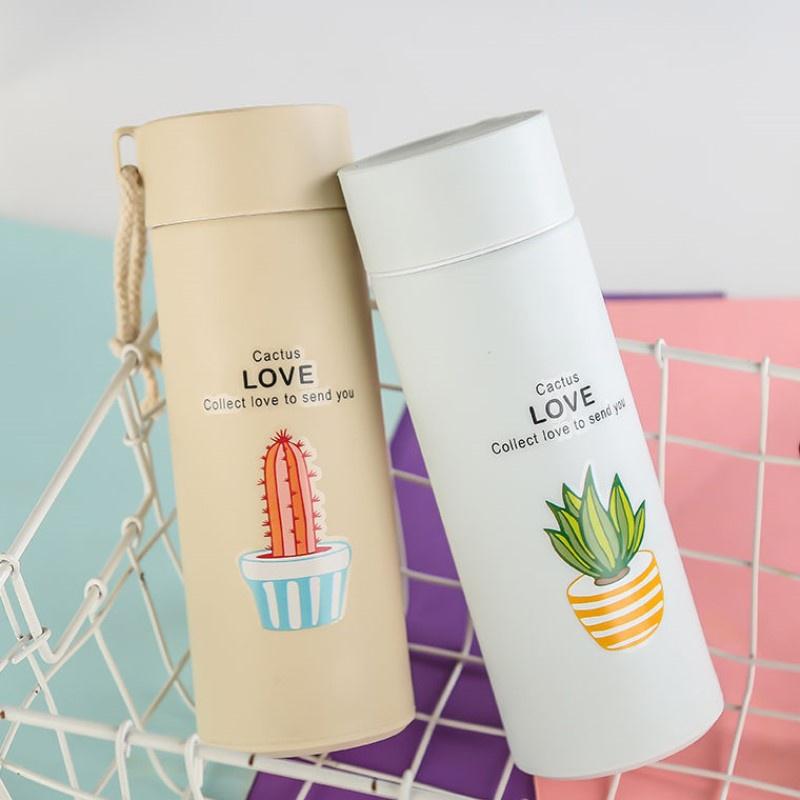 Bình đựng nước lõi thủy tinh bọc vỏ nhựa họa tiết xương rồng cute dung tích 400ml