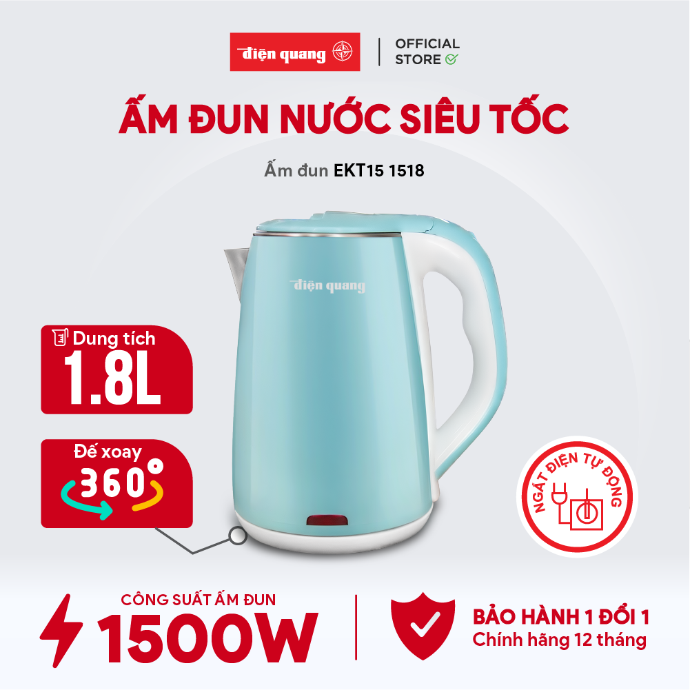 Ấm đun nước siêu tốc Điện Quang ĐQ EKT15 1518 - Inox chất lượng cao, đế xoay 360 độ, tự động ngắt điện - Hàng chính hãng