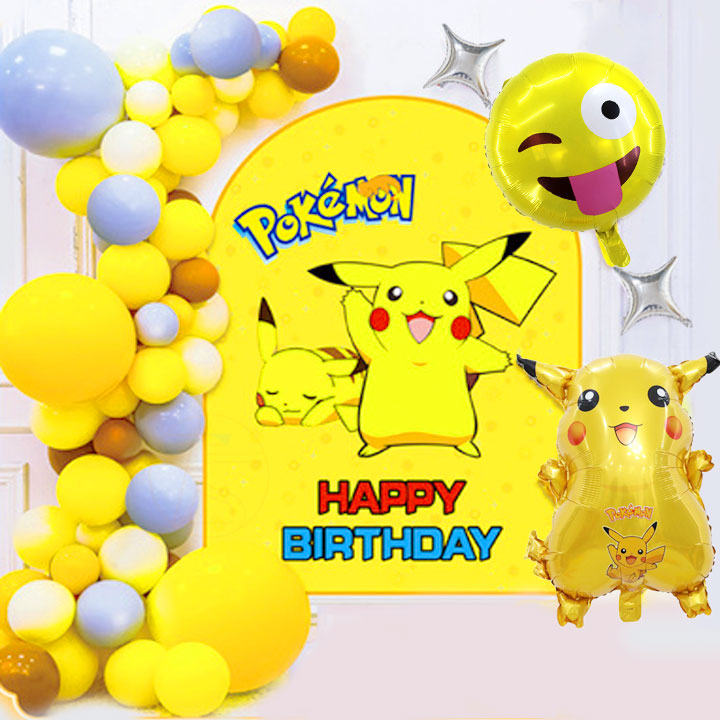 Bộ poster trang trí sinh nhật, thôi nôi mẫu Pokemon vàng cho các bé - Phụ kiện bong bóng Happy birthday