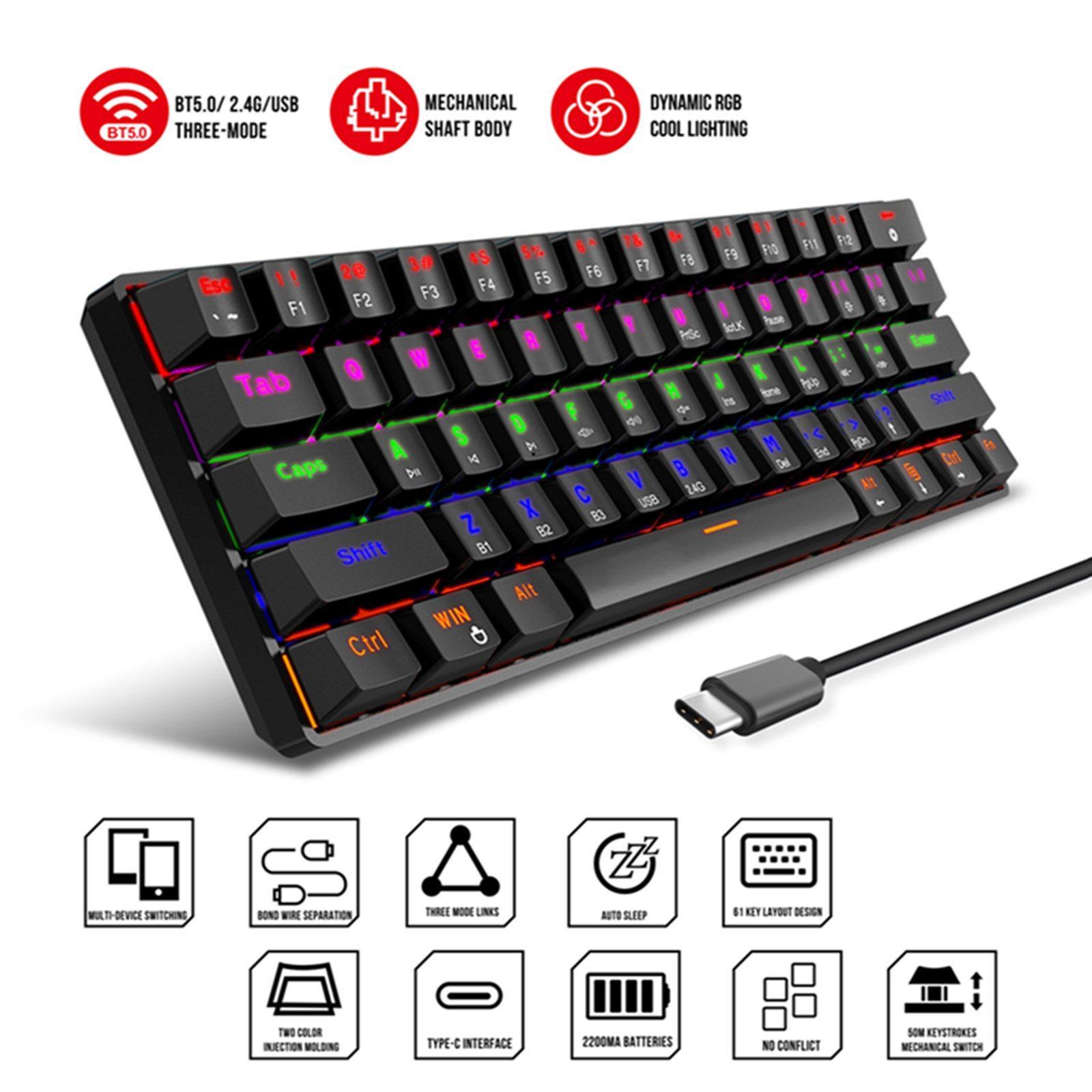 Bluetooth Mechanical Gaming Keyboard 61-Key USB-C Wired for PC Typists Black