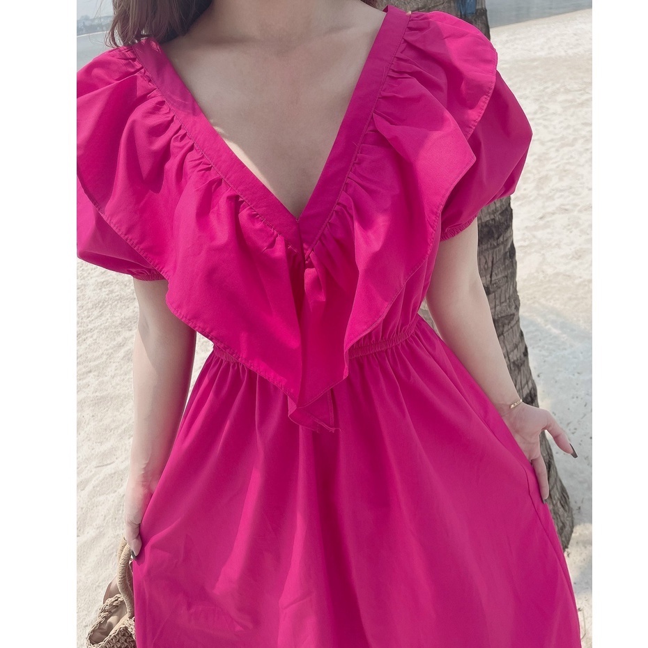 Đầm maxi đi biển cổ tim bèo ngực dáng dài buộc dây hở lưng chun eo hai màu - Váy maxi dạo biển chất thô sang chảnh