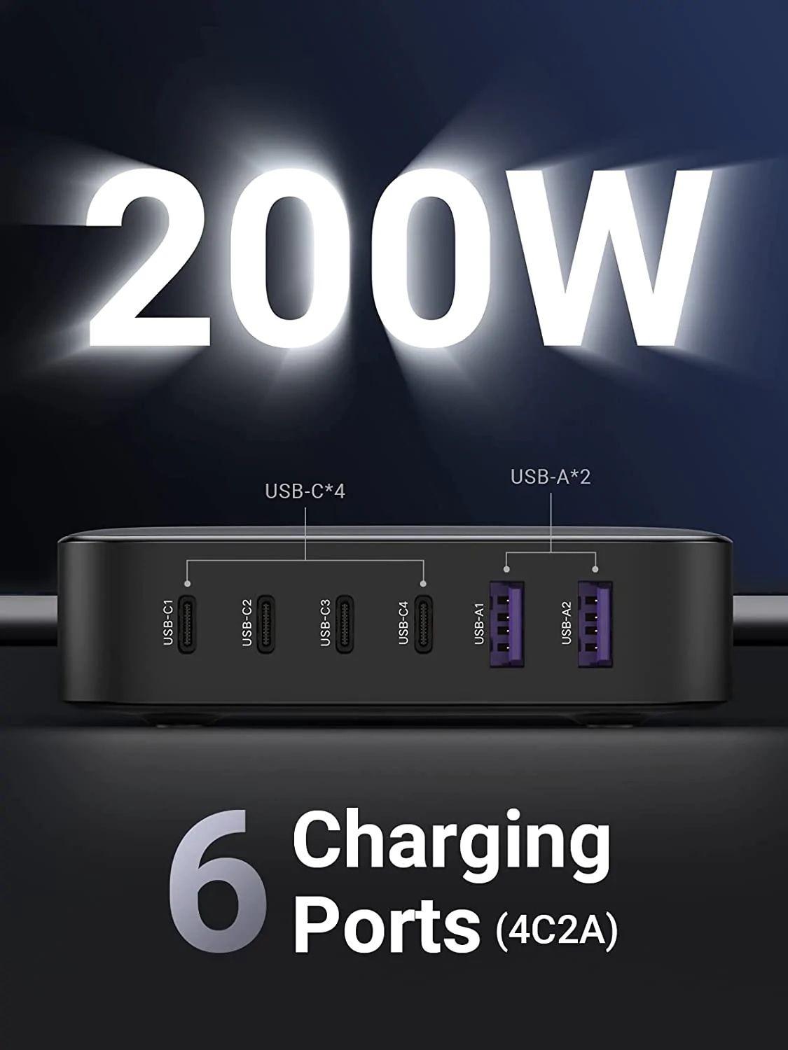Ugreen UG40913CD271TK 200W Màu Đen Bộ sạc nhanh Nexode USB-C GaN gồm 4 cổng USB C và 2 cổng USB A kèm cáp nguồn dài 2M - HÀNG CHÍNH HÃNG