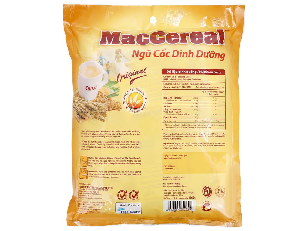 Combo 3 Túi Ngũ cốc dinh dưỡng MacCereal bịch 560g (20 gói x 28g) thơm ngon dễ uống tiện lợi