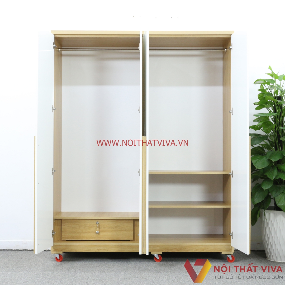 Tủ Quần Áo Gỗ MDF Melamine Màu Vàng 4 Cánh Trắng Hiện Đại Đẹp Giá Rẻ