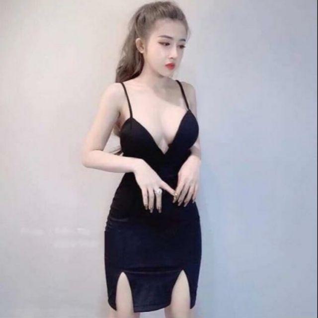 Đầm 2 dây hở ngực xẻ tà siêu sexy