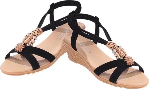 Giày Sandal Đế Xuồng Đính Hạt Hoa Văn - Đen (Size