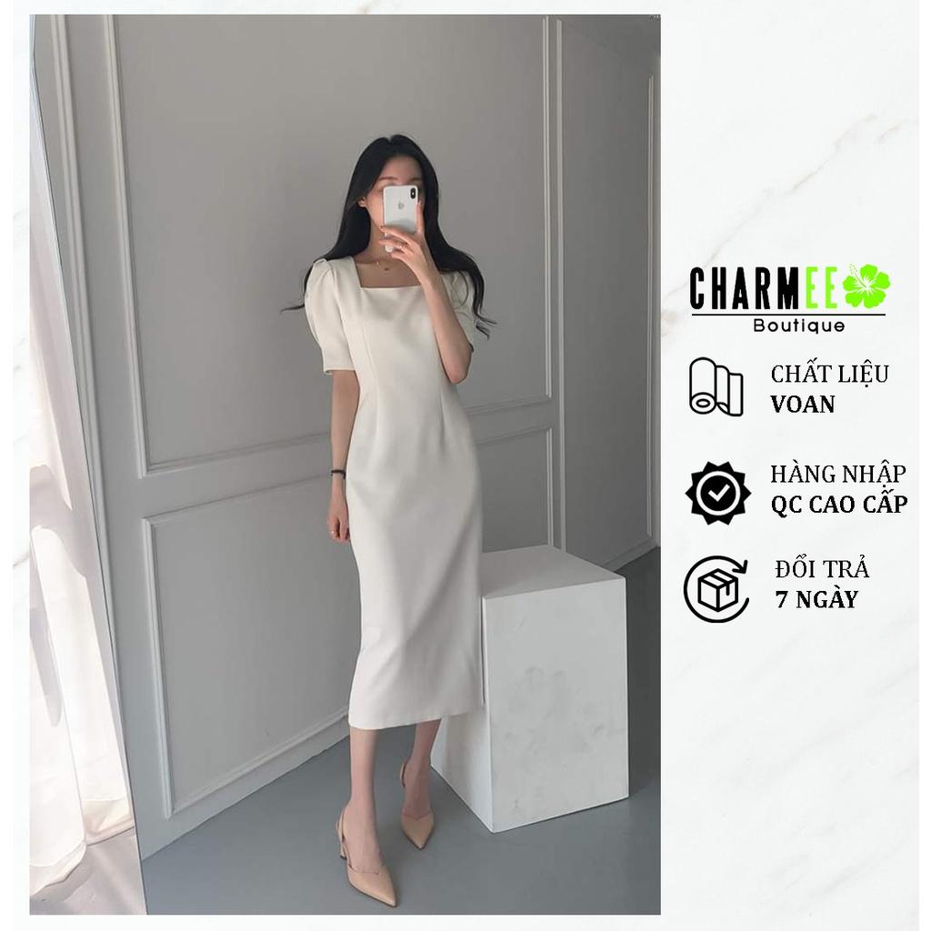 Đầm xanh cổ vuông dáng dài