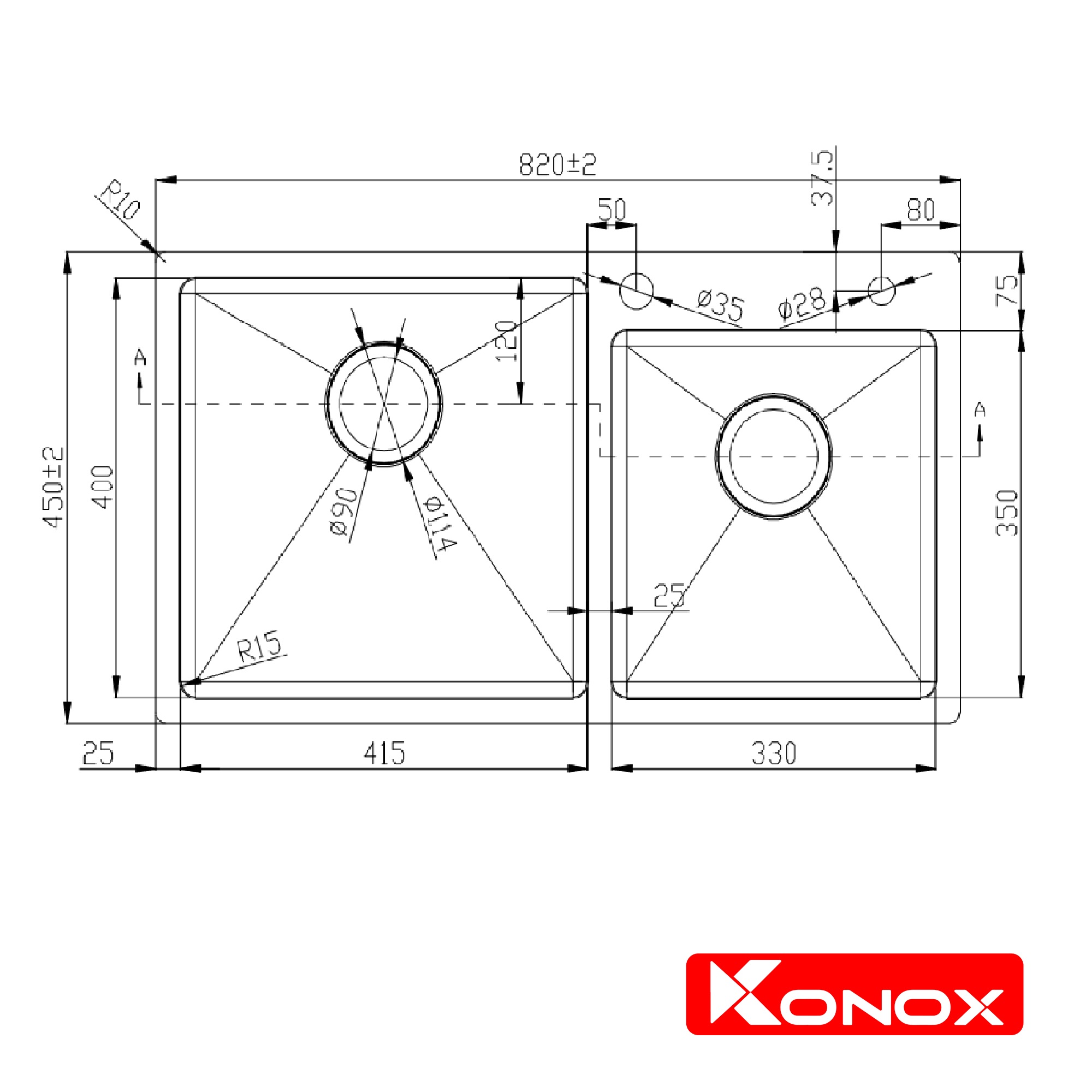 Chậu rửa bát Konox, Overmount Series, Model KN8245DO, Inox 304AISI tiêu chuẩn châu Âu, 820x450x228(mm), Hàng chính hãng