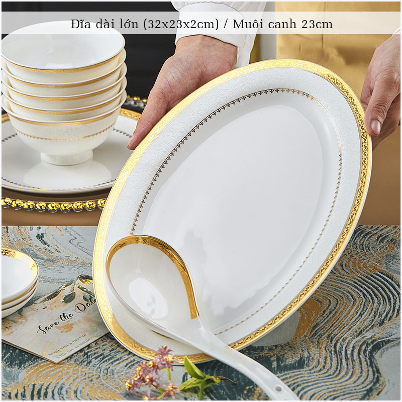 Bộ bát ăn cơm SỨ XƯƠNG Giang Tây cao cấp 56 chi tiết - Bộ chén ăn cơm sang trọng, tinh tế - Bát đĩa mỏng nhẹ nhưng cứng trong và cách nhiệt tốt. Mã GS15